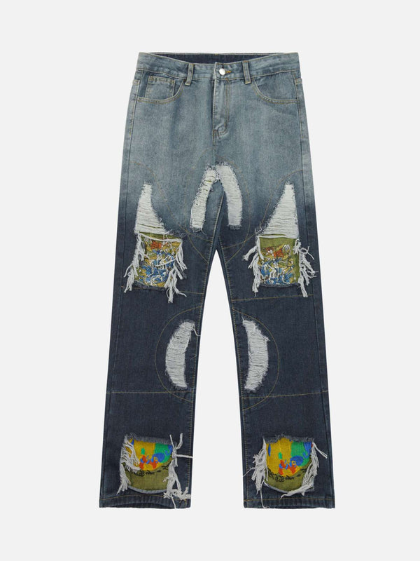 TALISHKO - Printed Patchwork Distressed Straight-leg Jeans, streetwear fashion, talishko.com