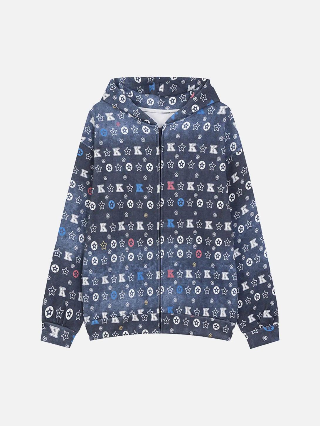 Front view of a blue TALISHKO zip-up hoodie with a vibrant star and letter pattern.