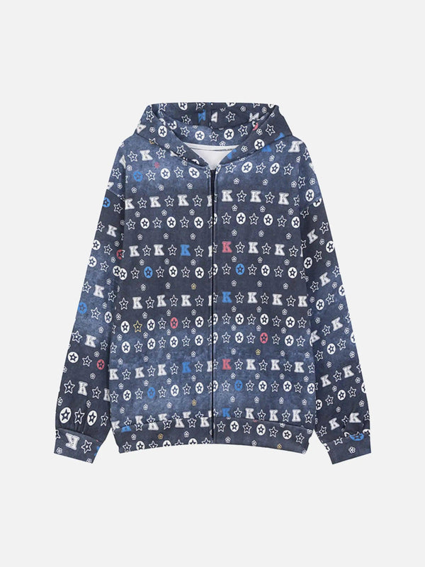 Front view of a blue TALISHKO zip-up hoodie with a vibrant star and letter pattern.