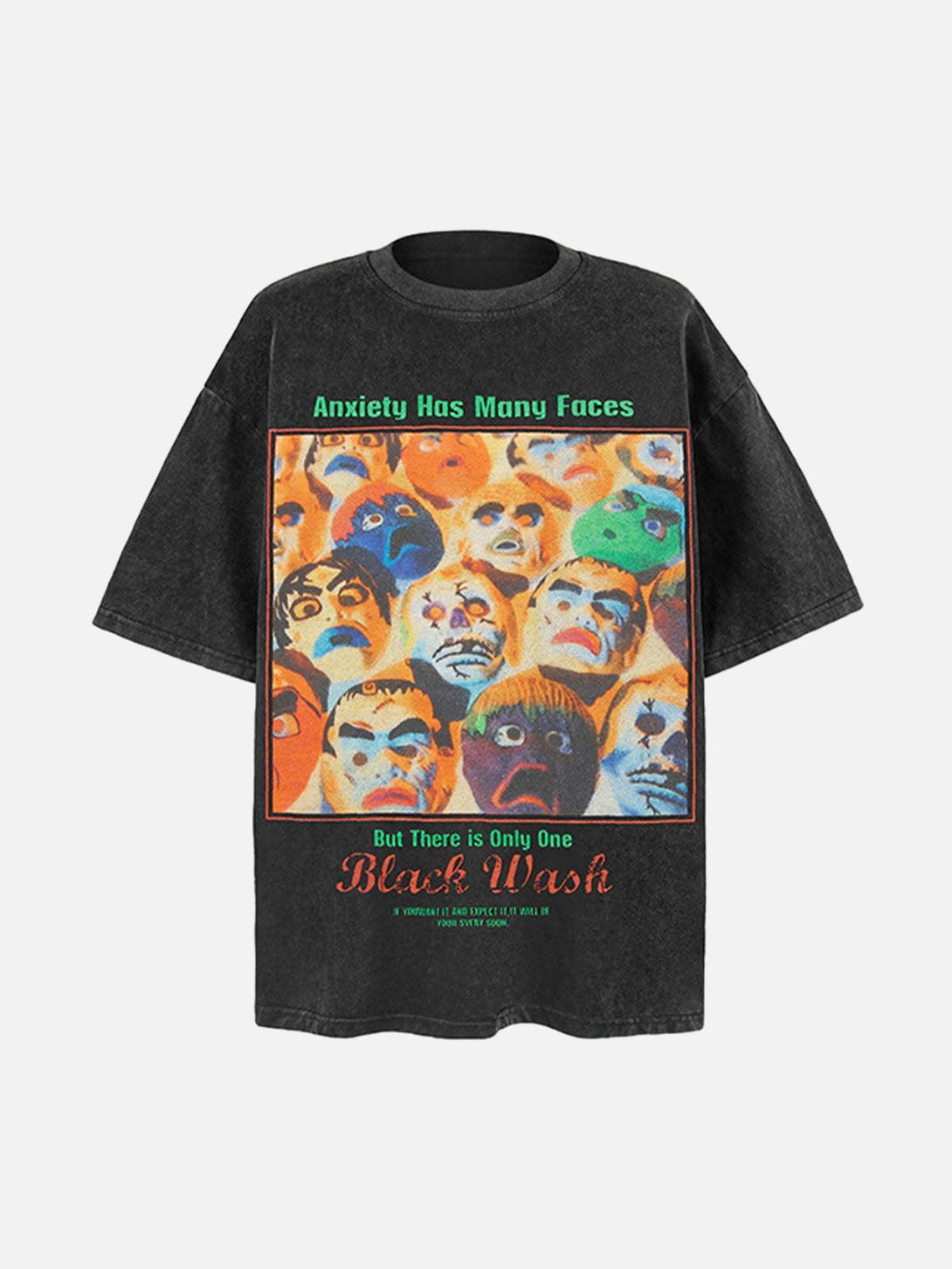 Front view of TALISHKO black T-shirt with vibrant graffiti-style faces and bold text design.