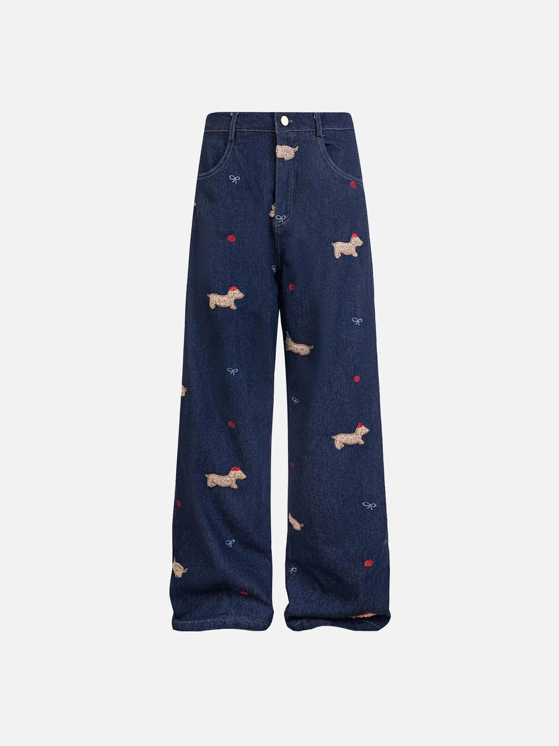Front view of blue puppy embroidered jeans by TALISHKO, showcasing playful street style.