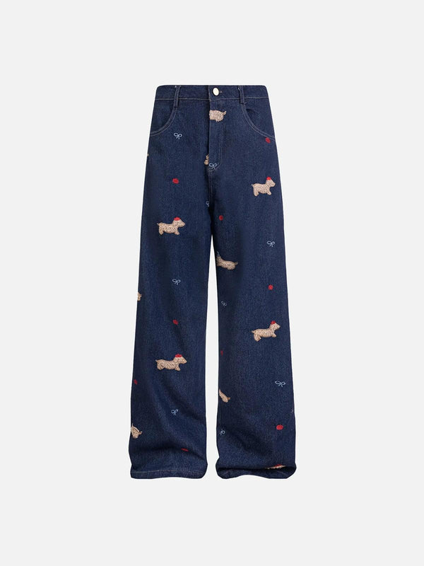 Front view of blue puppy embroidered jeans by TALISHKO, showcasing playful street style.