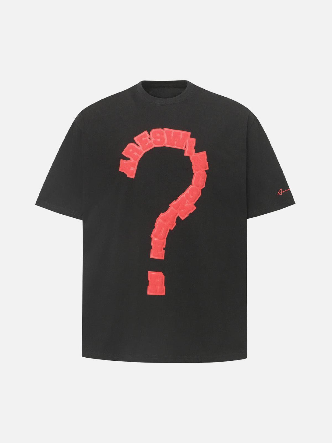 TALISHKO black T-shirt with a striking red question mark graphic on the front, a unique summer style.