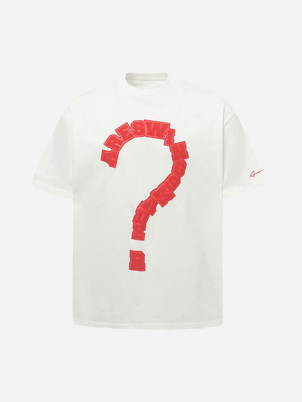 Front view of TALISHKO's white T-shirt featuring a bold red question mark graphic design.