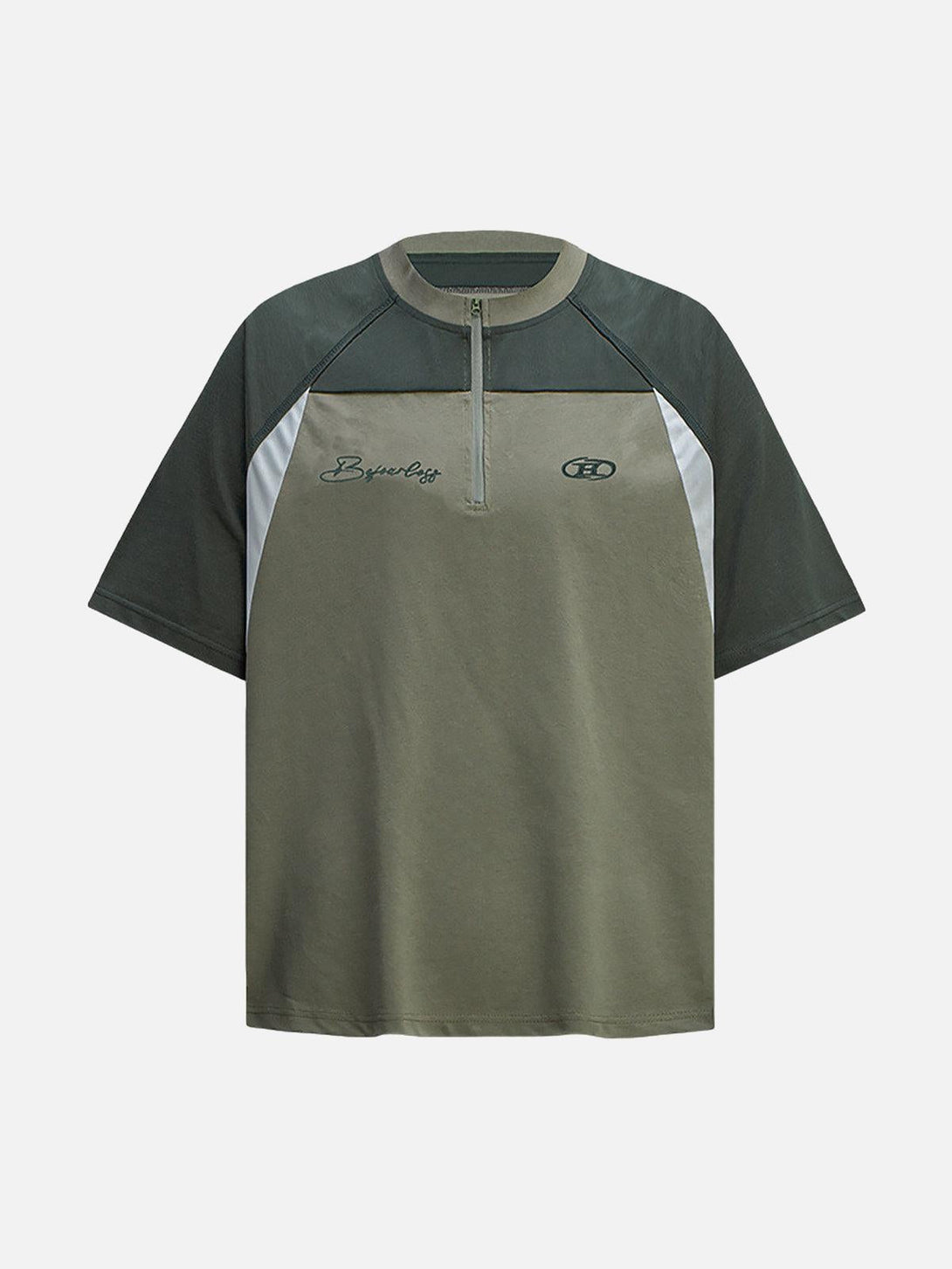 Front view of a green quarter zip-up T-shirt by TALISHKO, featuring contrast color details.