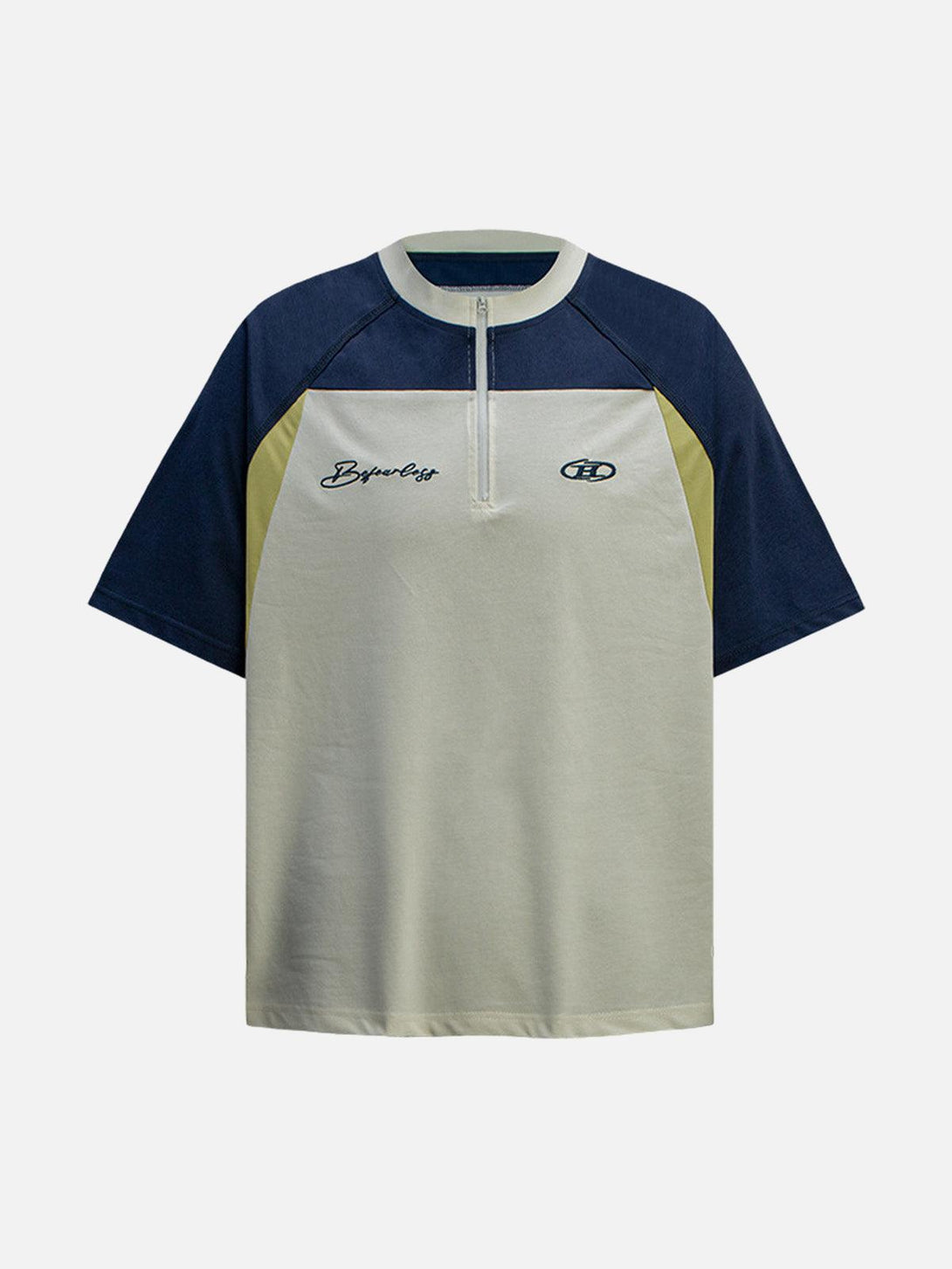 Front view of a white quarter zip-up T-shirt by TALISHKO, featuring contrasting color accents.