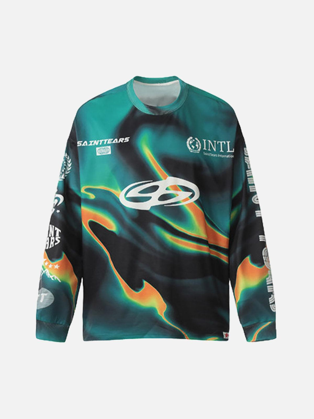 Front view of a blue quick-dry racing long sleeve T-shirt by TALISHKO, featuring a vibrant pattern.