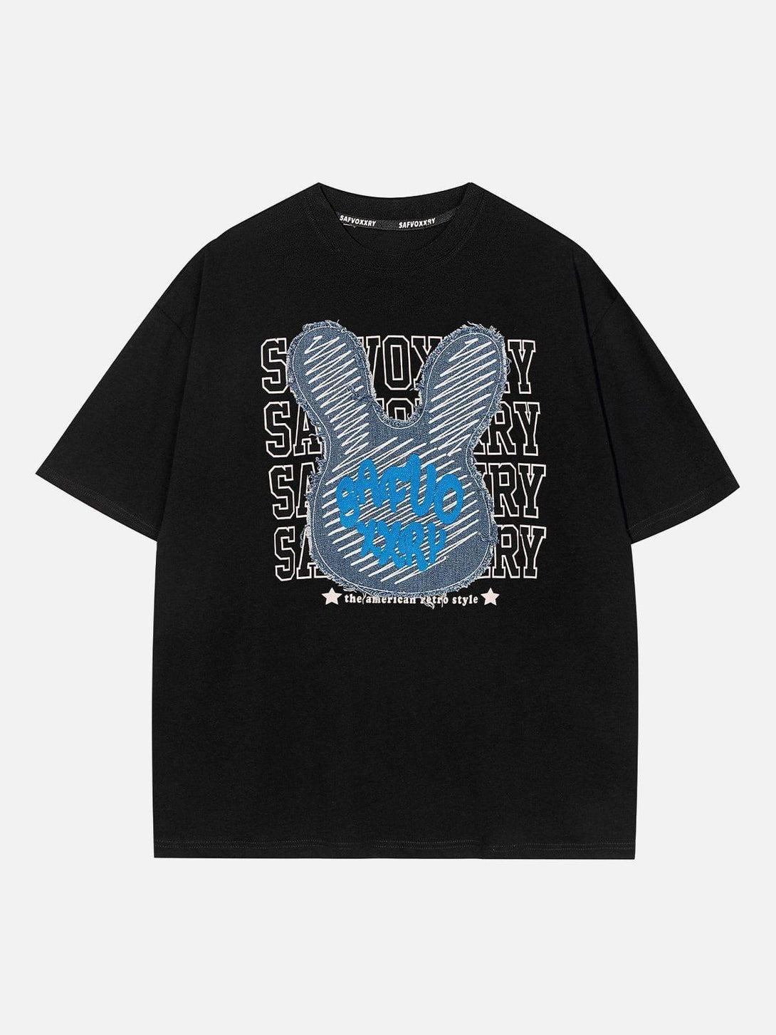 Black rabbit embroidery print tee by TALISHKO, front view showcasing bold graphic design.