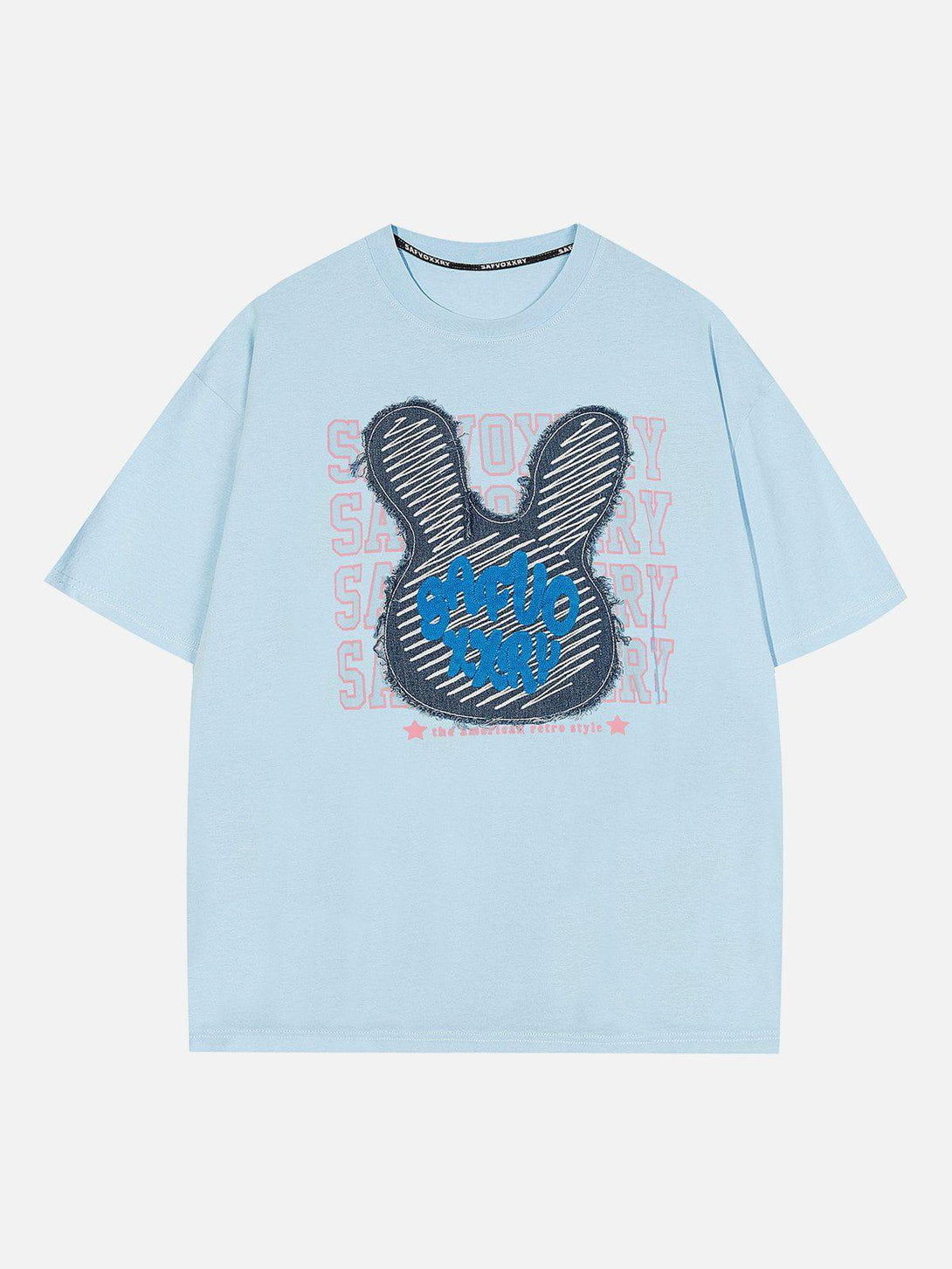 Front view of blue rabbit embroidery print tee by TALISHKO, featuring a playful graphic design.