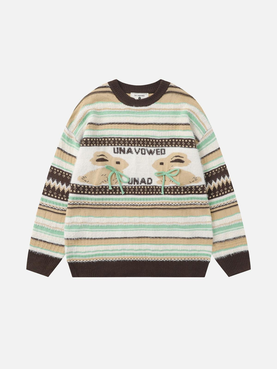 Front view of a brown striped sweater with rabbit design and bow accents by TALISHKO.