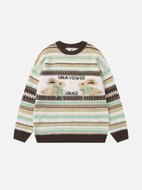 Front view of a brown striped sweater with rabbit design and bow accents by TALISHKO.