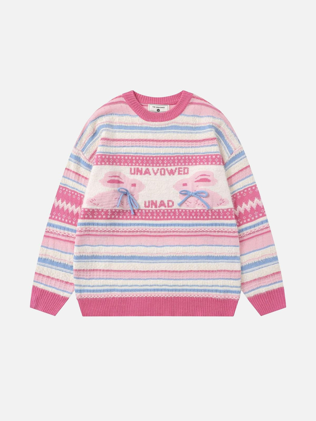 Front view of a pink striped sweater with rabbit design and bow details by TALISHKO.