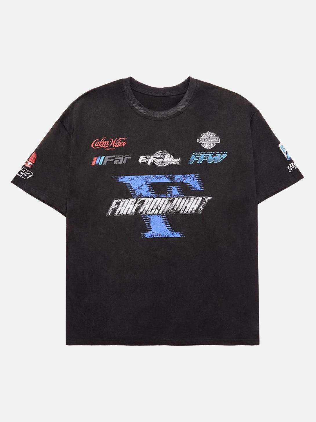 Front view of a black TALISHKO T-shirt with graphic racing-inspired lettering and logos.