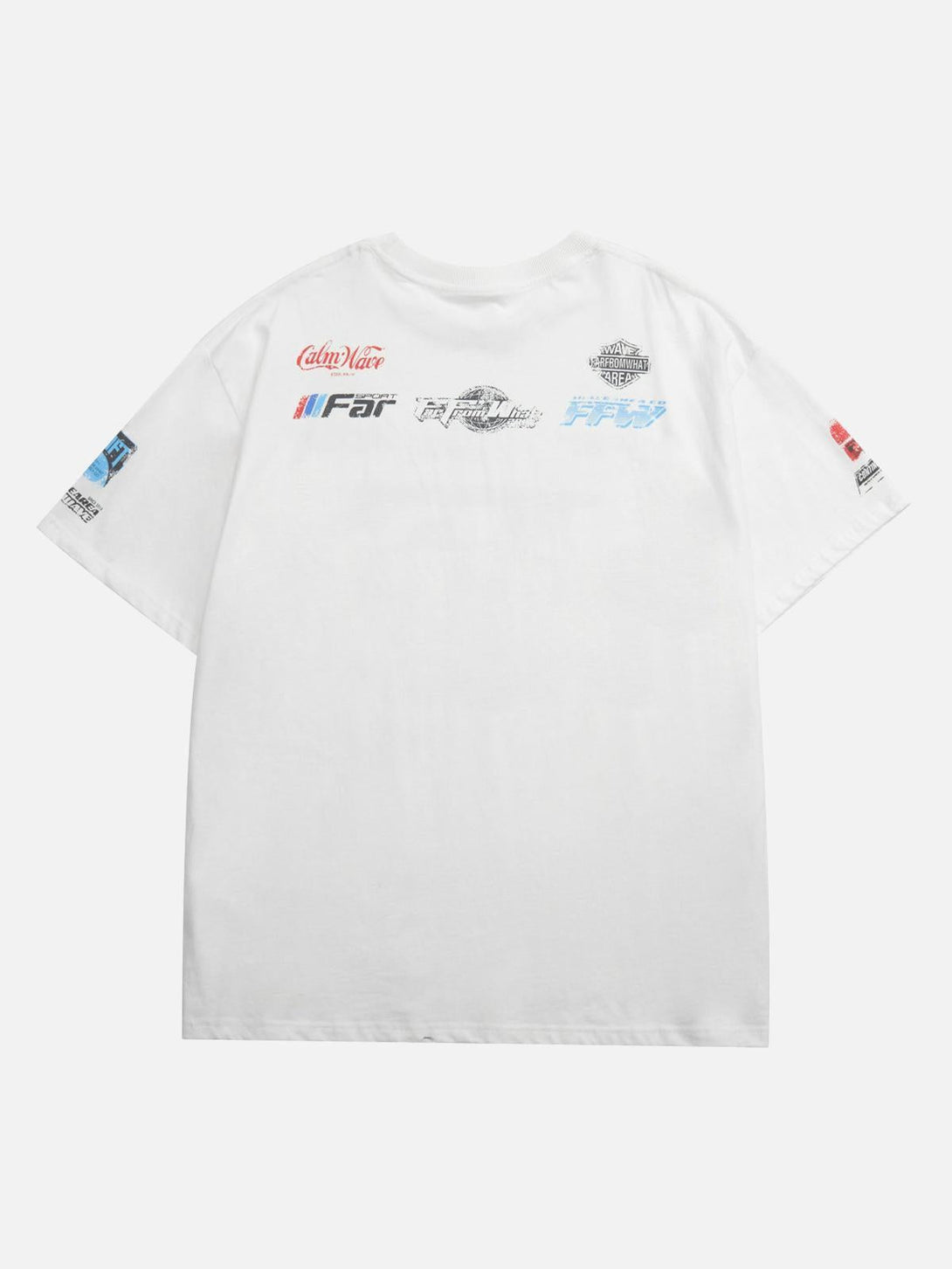 Back view of TALISHKO white T-shirt featuring colorful racing-inspired logos and graphics.