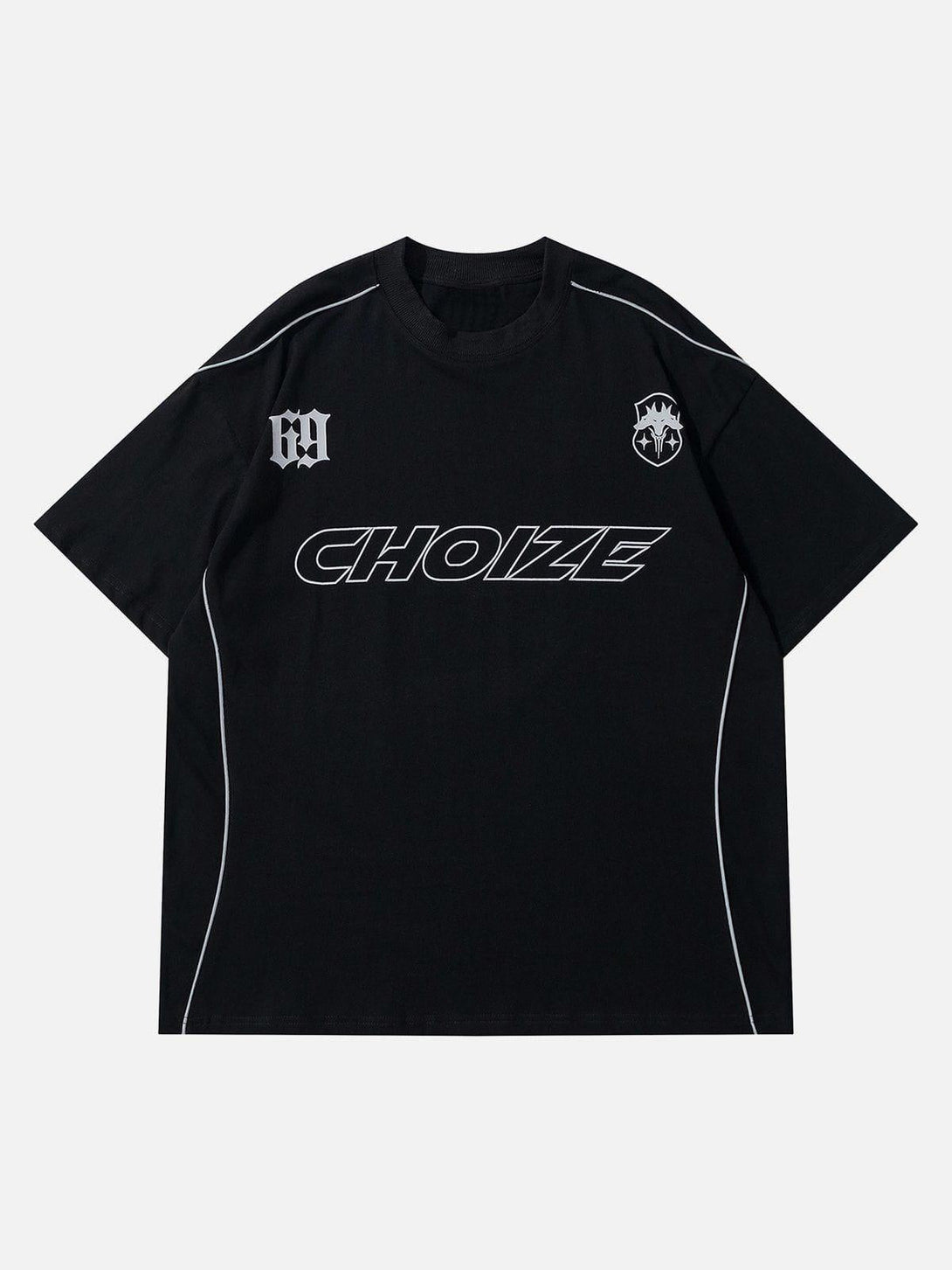 Black racing elements stripe tee by TALISHKO, showcasing front view with bold graphics.