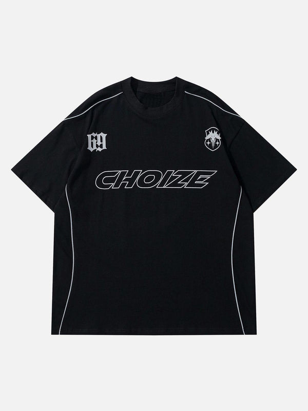 Black racing elements stripe tee by TALISHKO, showcasing front view with bold graphics.