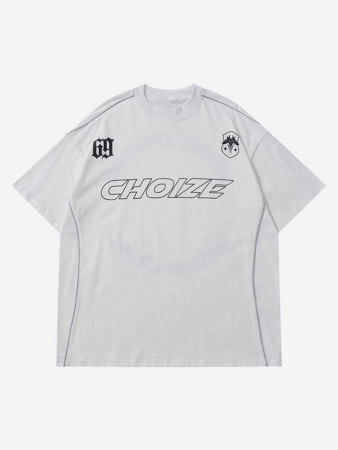 Front view of white racing elements stripe tee by TALISHKO, highlighting bold graphic design.