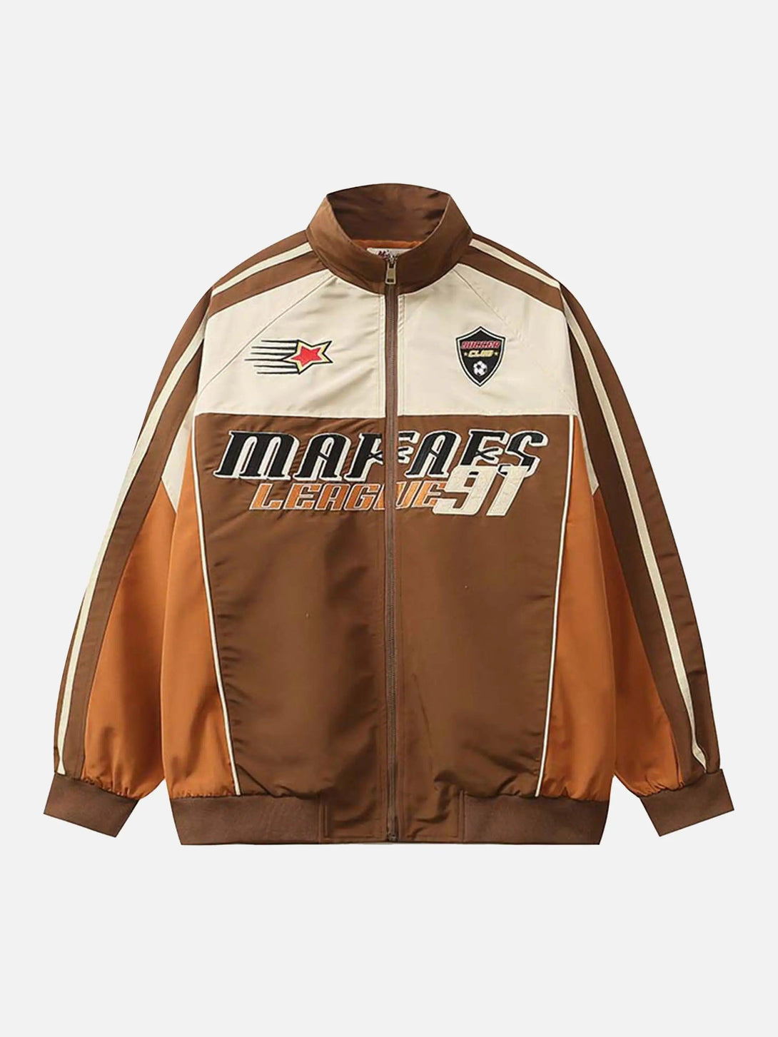 Front view of a brown racing jacket by TALISHKO, featuring embroidered patches and sporty style.