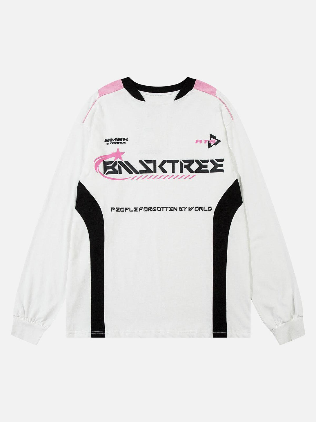 Front view of a white racing oversized long sleeve T-shirt by TALISHKO, featuring bold graphics.