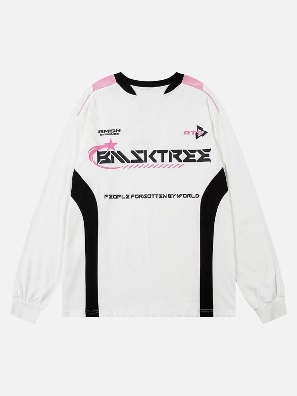 Front view of a white racing oversized long sleeve T-shirt by TALISHKO, featuring bold graphics.