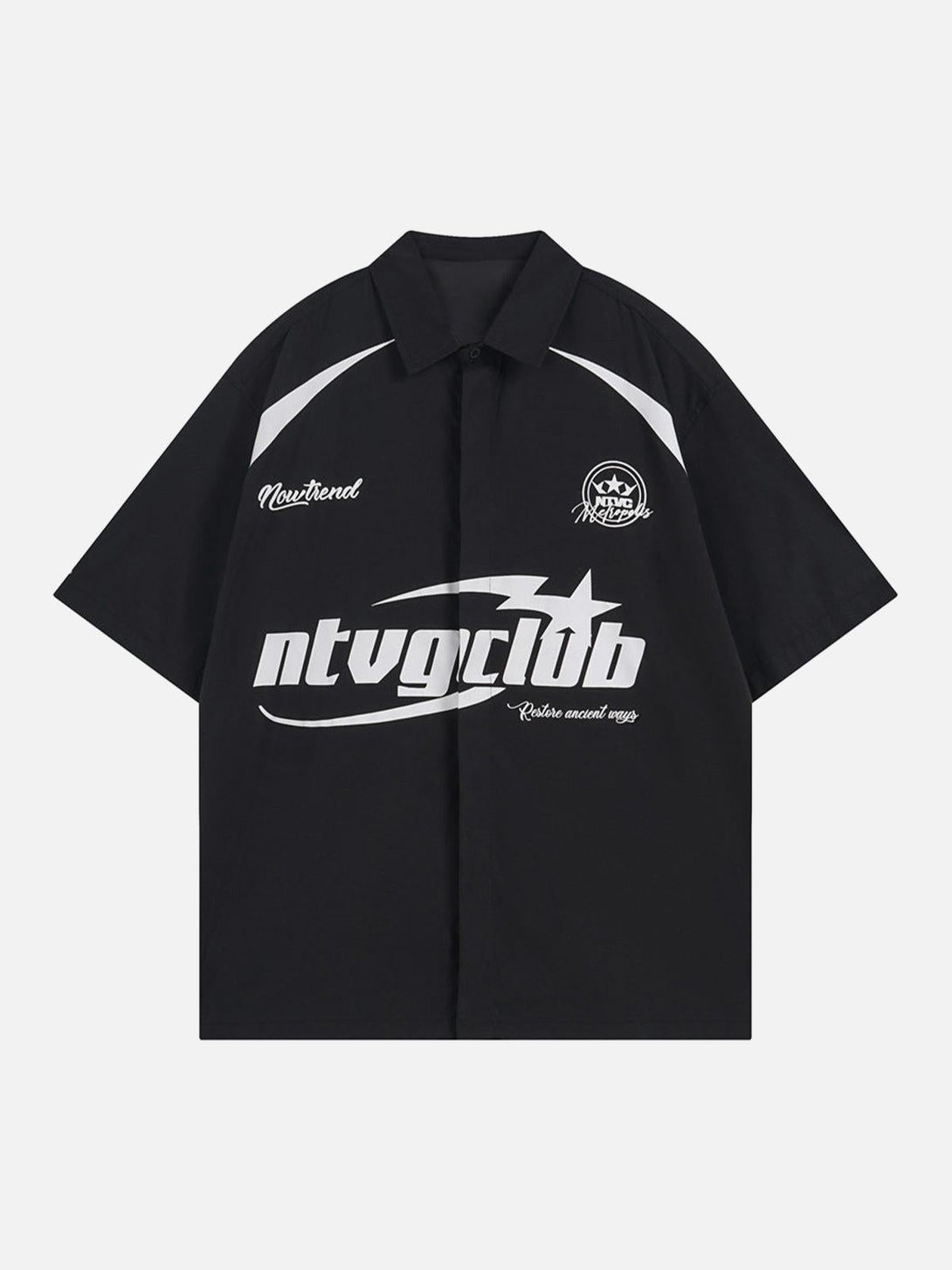 Front view of a black oversized racing-style shirt by TALISHKO with bold white graphics.