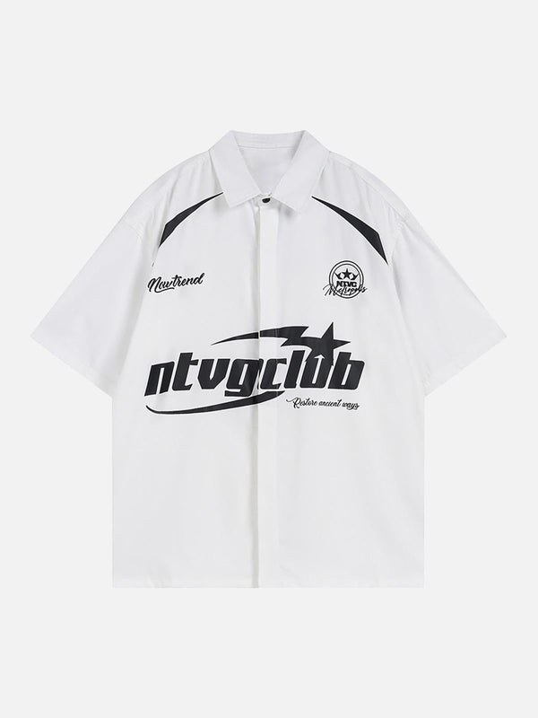 Front view of a white oversized racing-style shirt by TALISHKO, featuring bold black graphics.