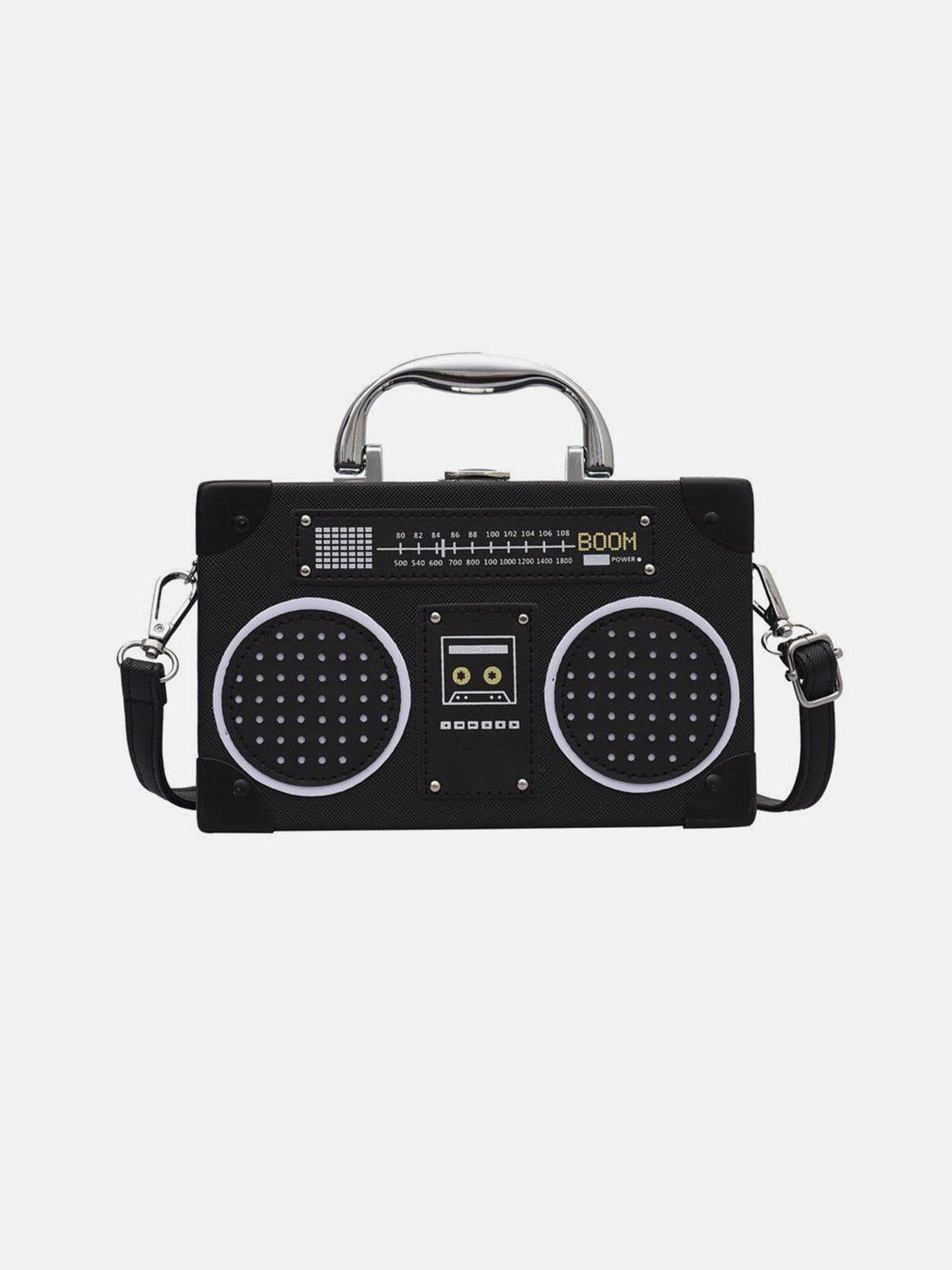 Front view of a retro radio-inspired black crossbody bag by TALISHKO, ideal for urban style.