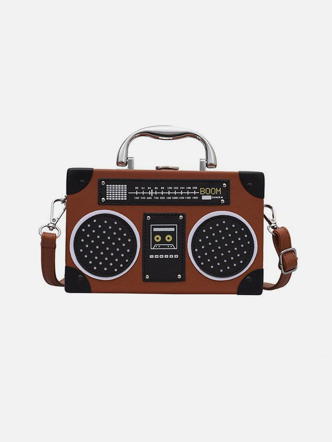 Front view of a brown radio style crossbody bag by TALISHKO, featuring a fun retro design.