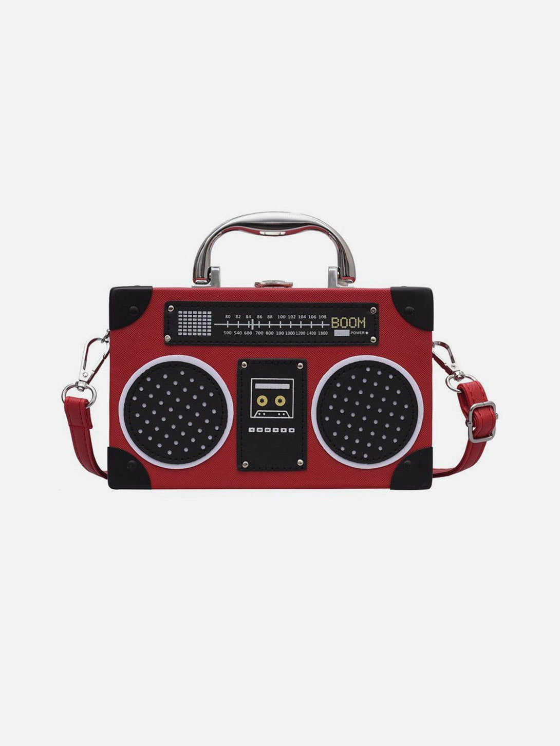 Front view of a red radio style crossbody bag by TALISHKO, adding a playful touch to outfits.