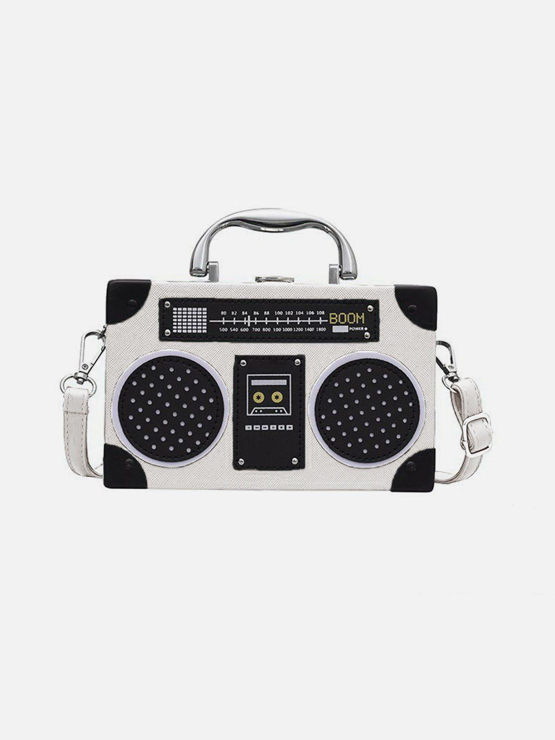Front view of a retro radio style crossbody bag by TALISHKO in white, perfect for casual outings.
