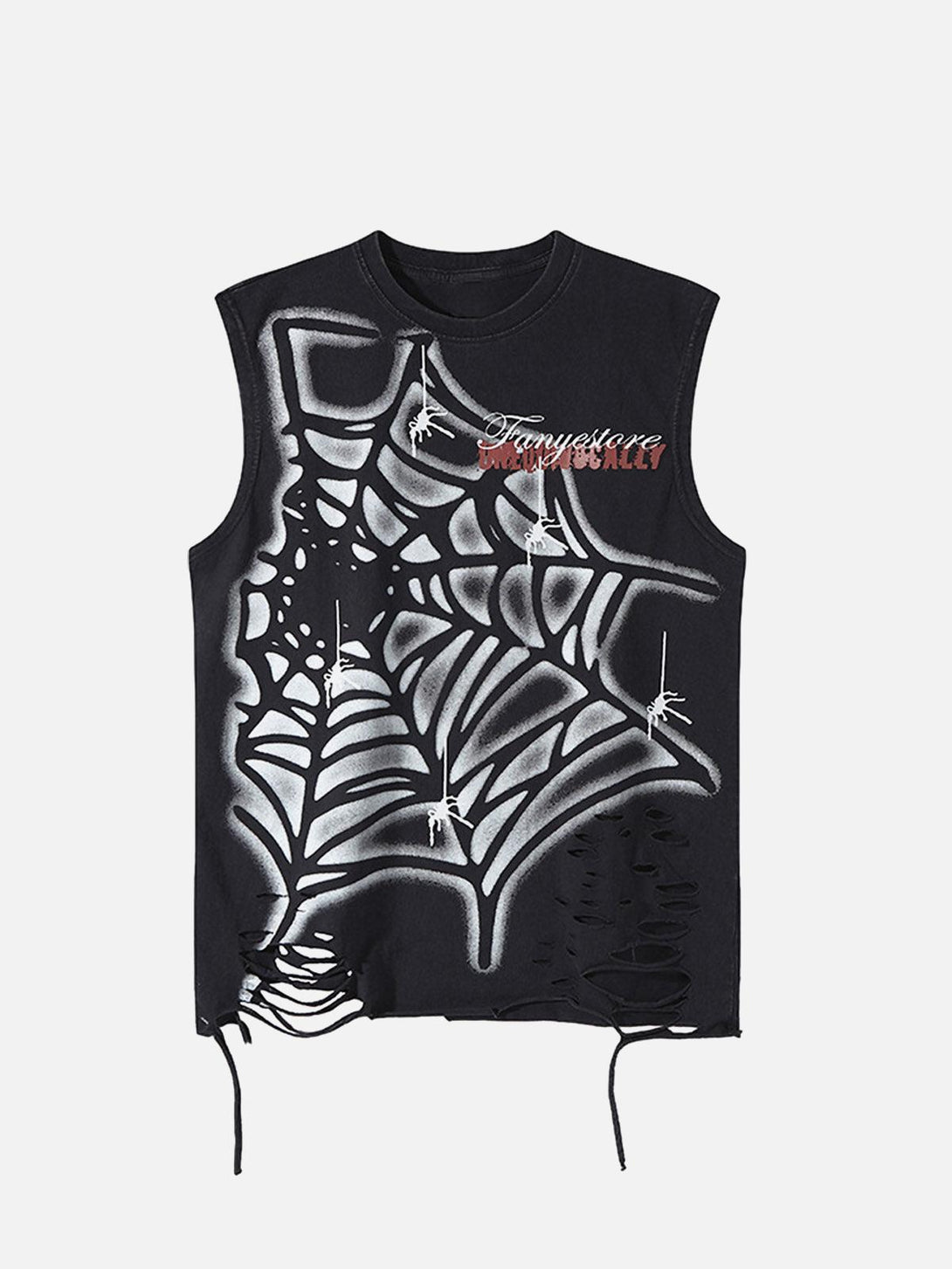 Front view of a black vest with a spider web graphic and ragged edges by TALISHKO.