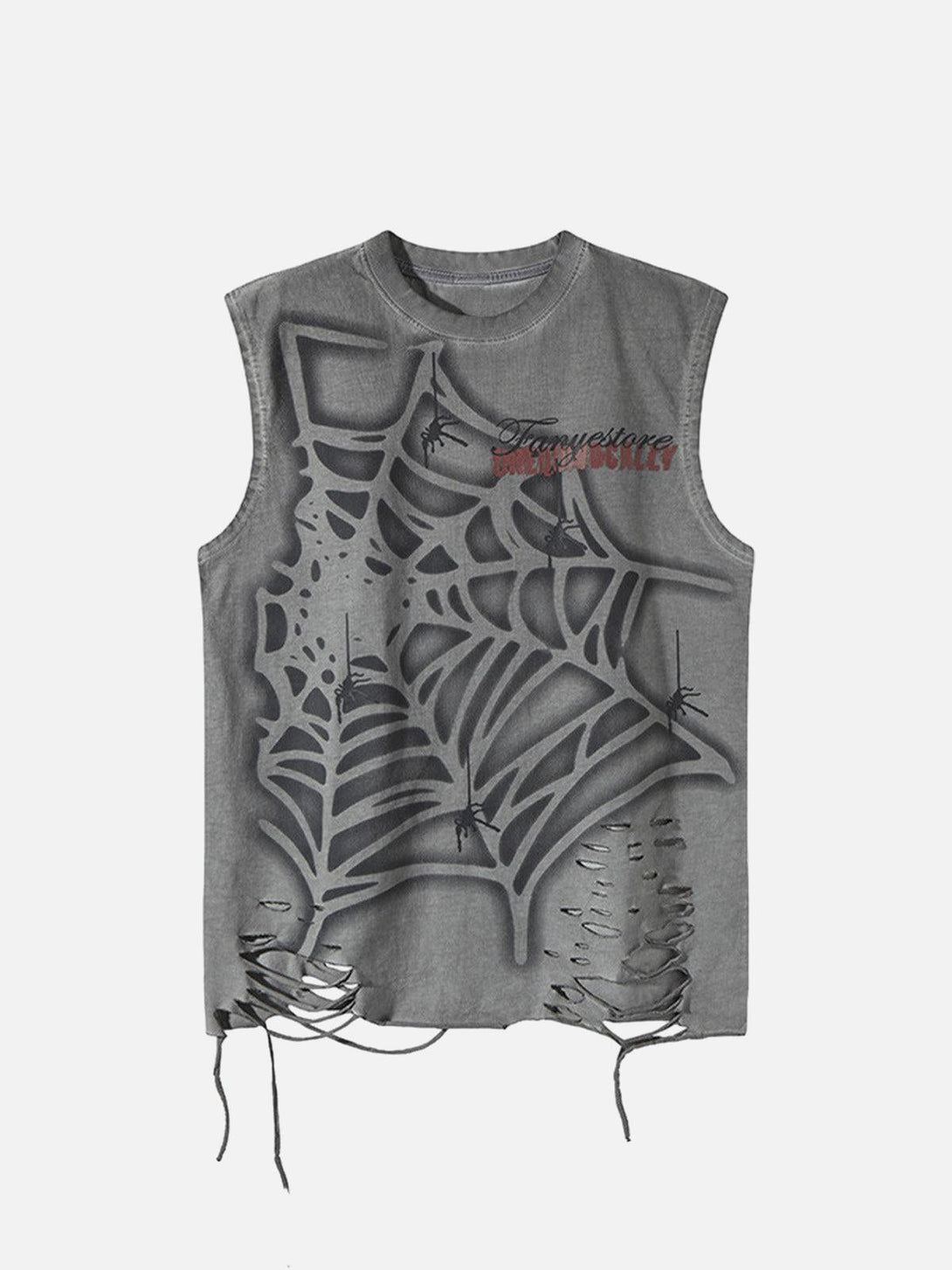 Gray spider web graphic vest with ragged details, front view by TALISHKO.