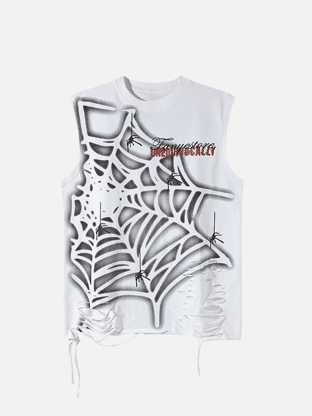 White spider web graphic vest with distressed details, front view by TALISHKO.