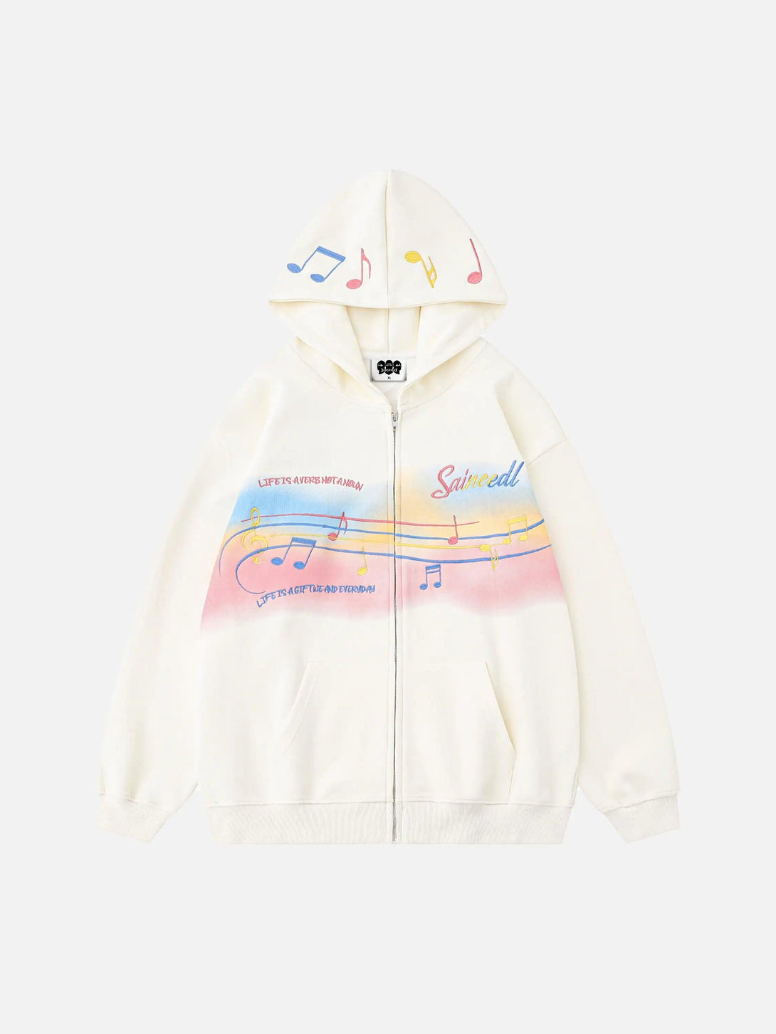 Front view of a beige hoodie with rainbow musical notes by TALISHKO, perfect for casual style.