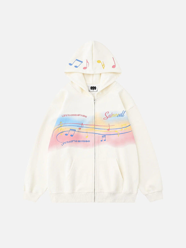Front view of a beige hoodie with rainbow musical notes by TALISHKO, perfect for casual style.
