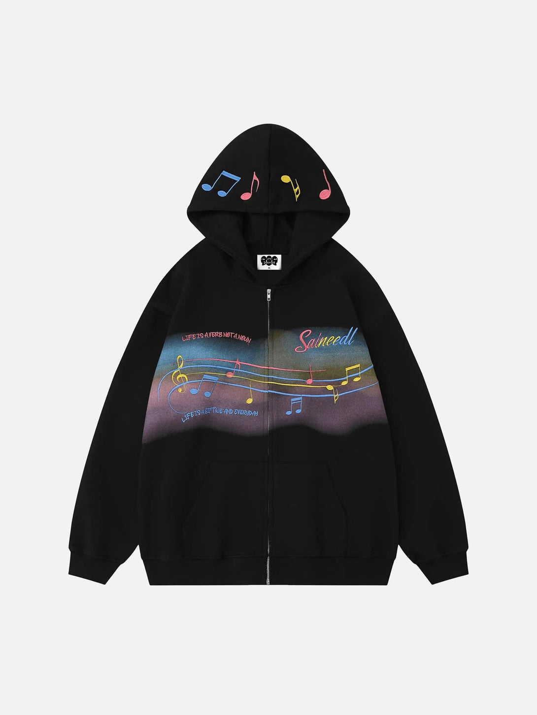 Front view of black hoodie featuring rainbow musical notes, designed by TALISHKO.
