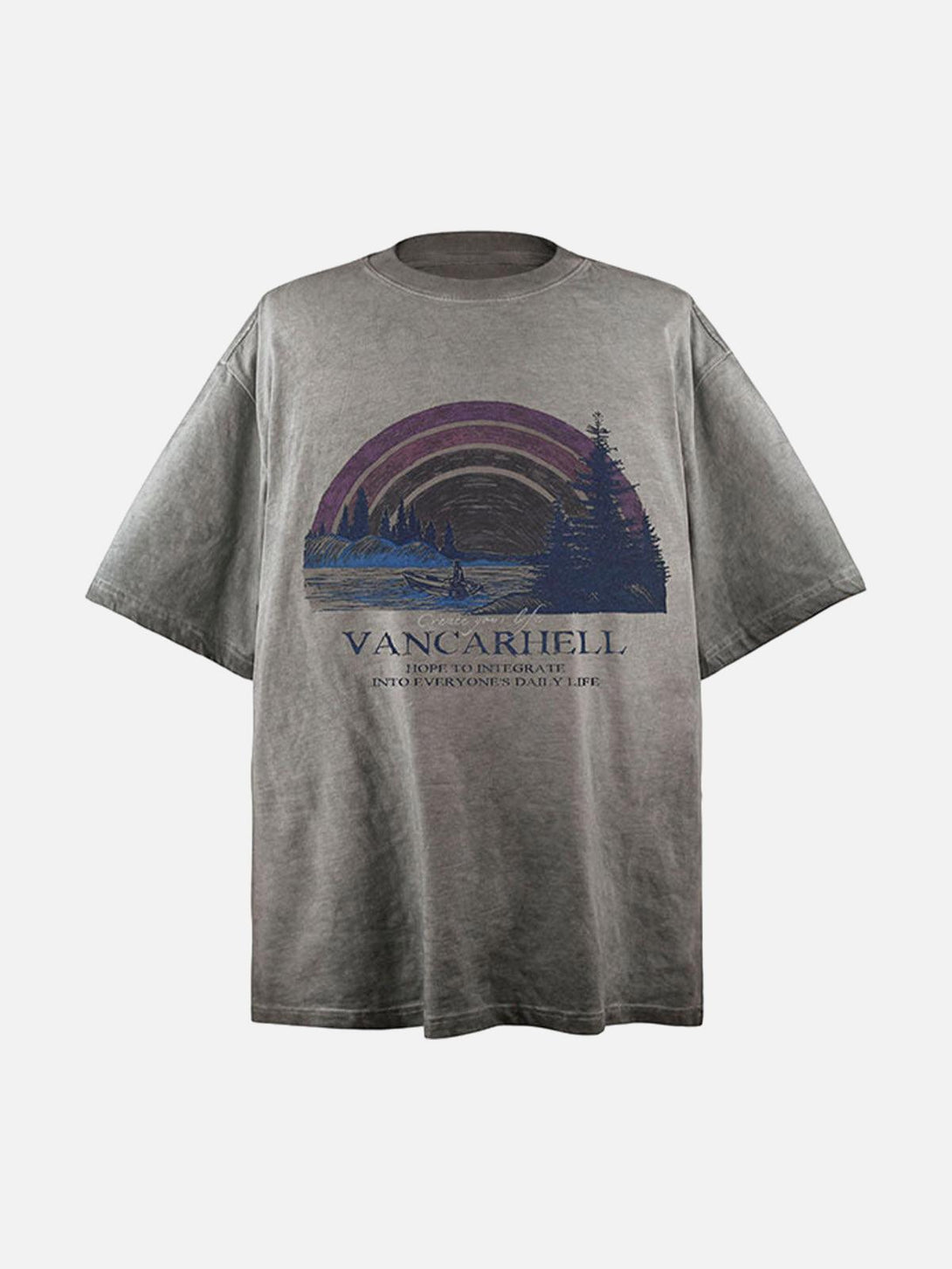 Gray crew neck T-shirt with rainbow and nature print, by TALISHKO, front view.