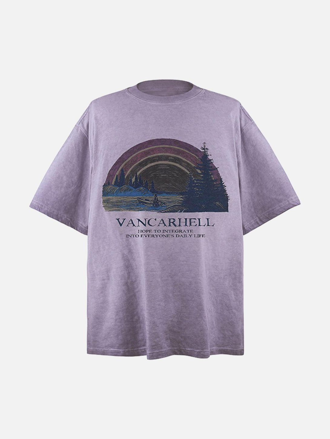 Front view of a purple crew neck T-shirt with rainbow print, by TALISHKO.