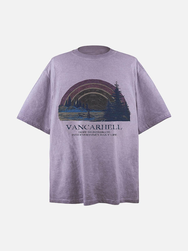Front view of a purple crew neck T-shirt with rainbow print, by TALISHKO.