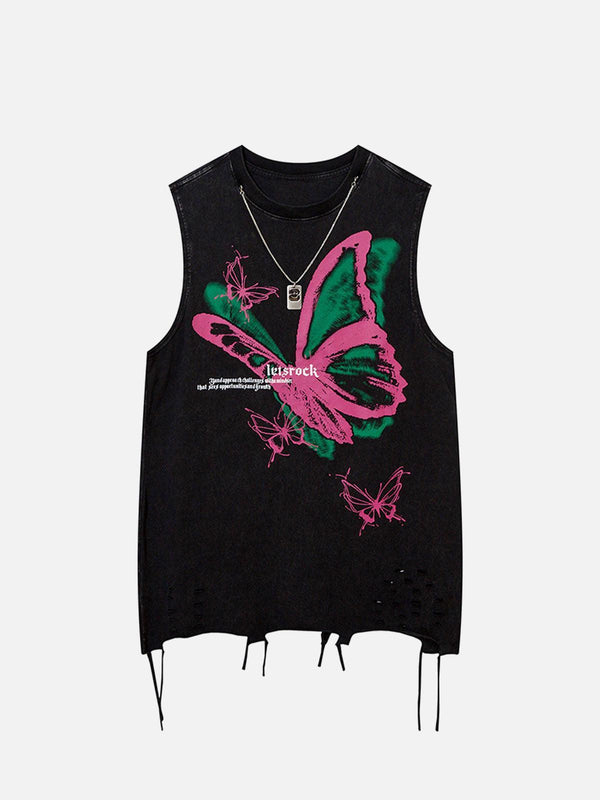 Front view of a black butterfly print vest by TALISHKO, featuring raw edges and a unique design.