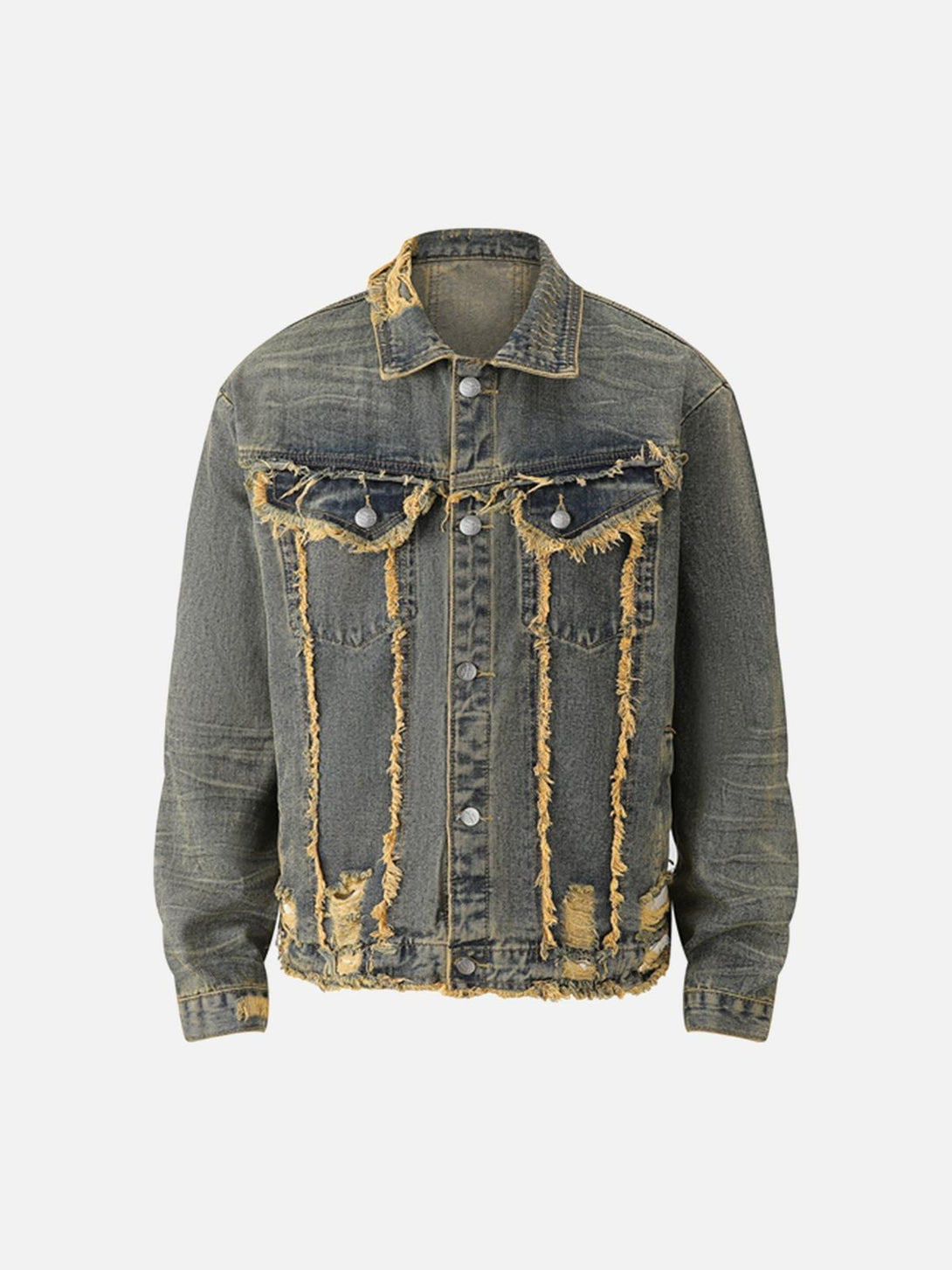 Front view of a TALISHKO raw edge distressed denim jacket in dark blue, perfect for a casual look.