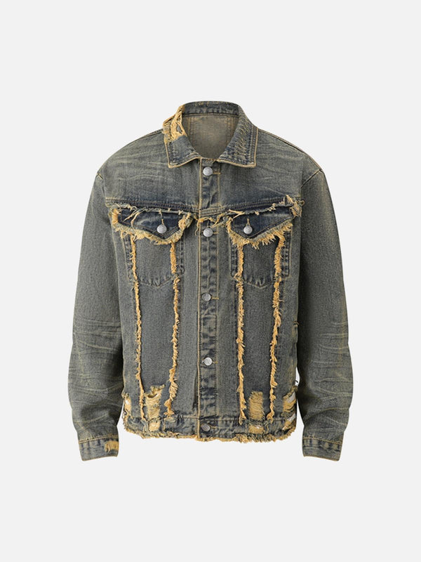 Front view of a TALISHKO raw edge distressed denim jacket in dark blue, perfect for a casual look.