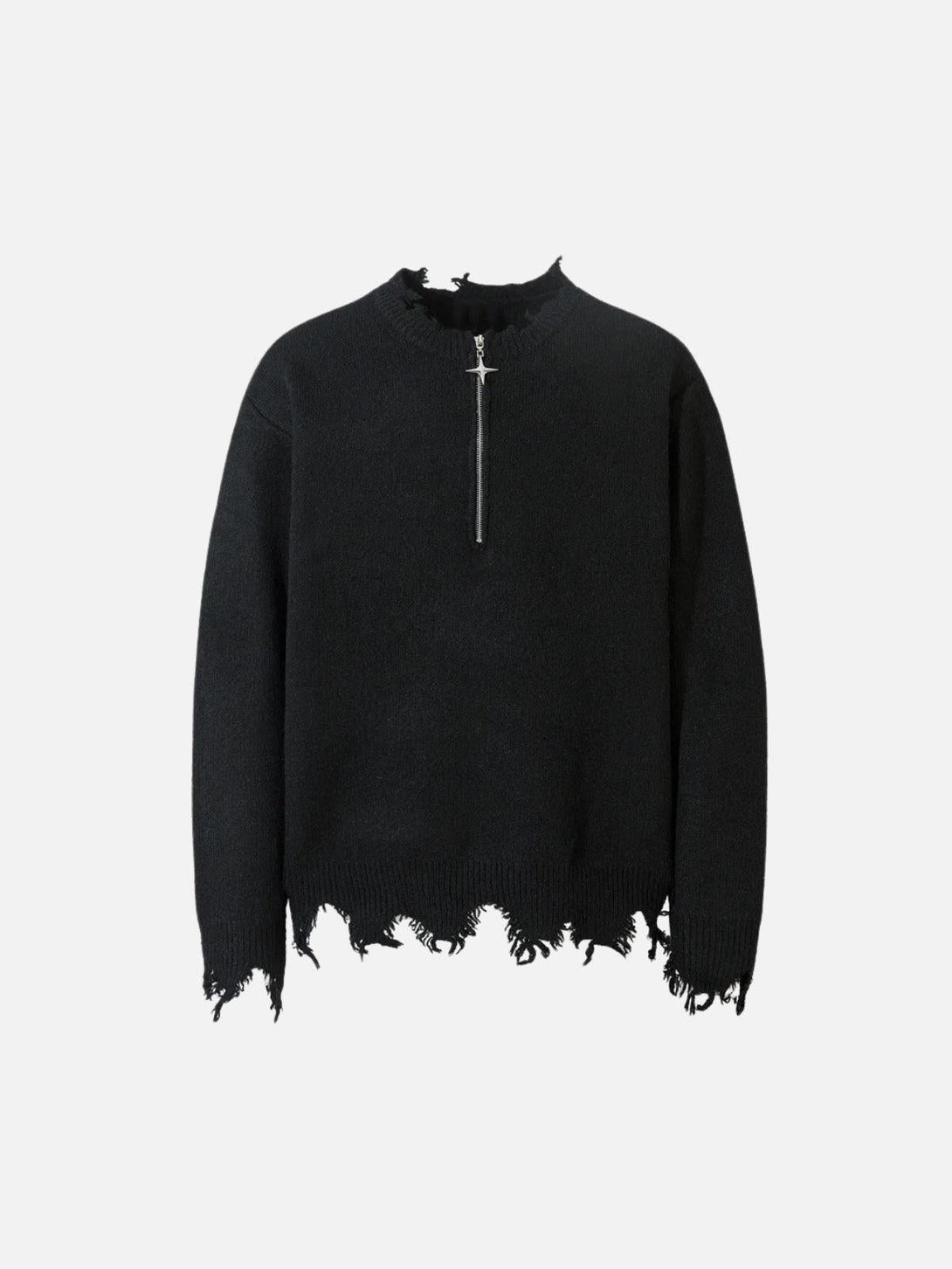 Front view of a black raw edge half-zip knitted sweater by TALISHKO, featuring a distressed look.