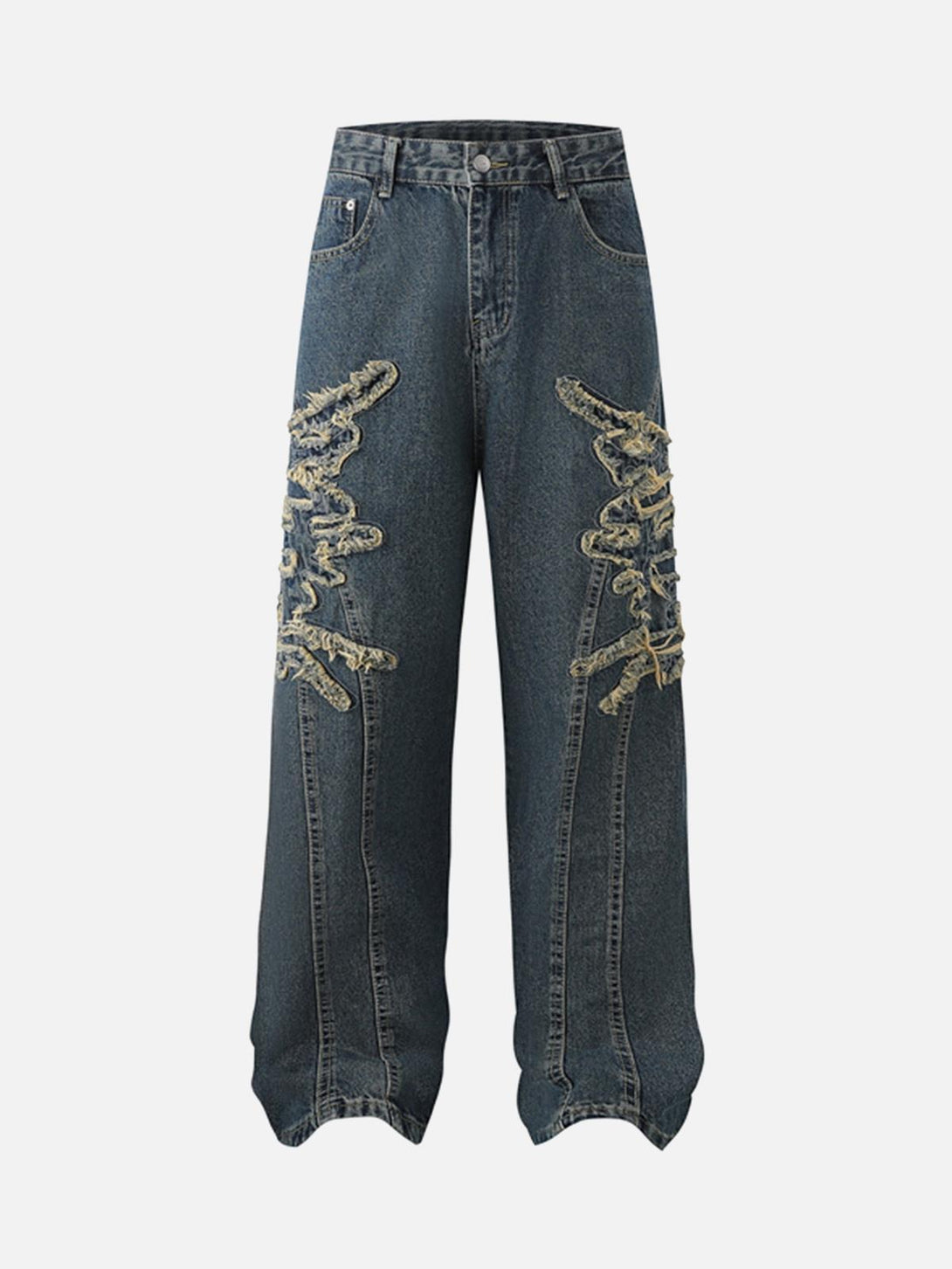 Front view of TALISHKO dark blue jeans with raw edge patches, offering an edgy street style.