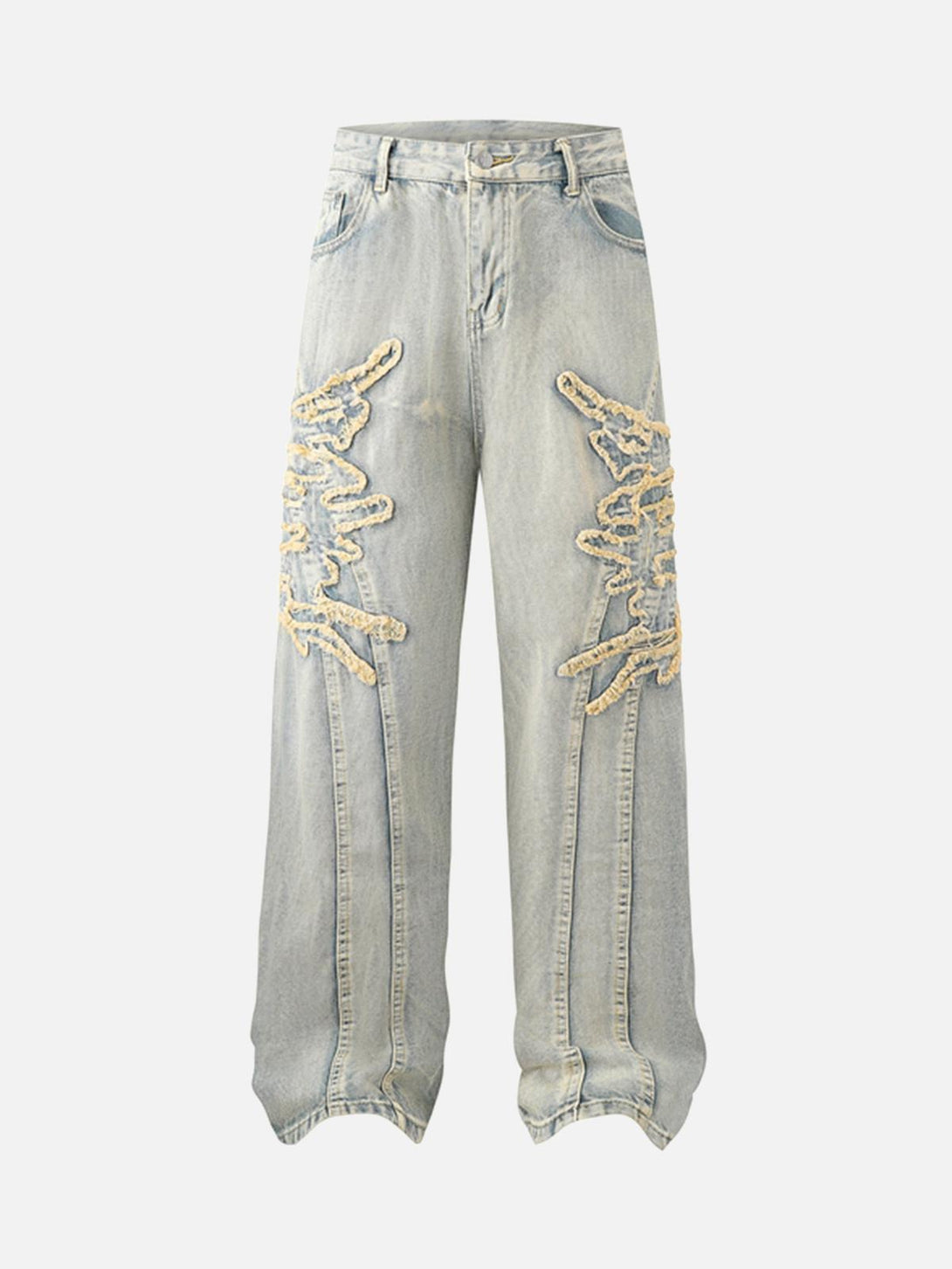 Front view of TALISHKO light blue jeans with raw edge patches, showcasing an urban vibe.
