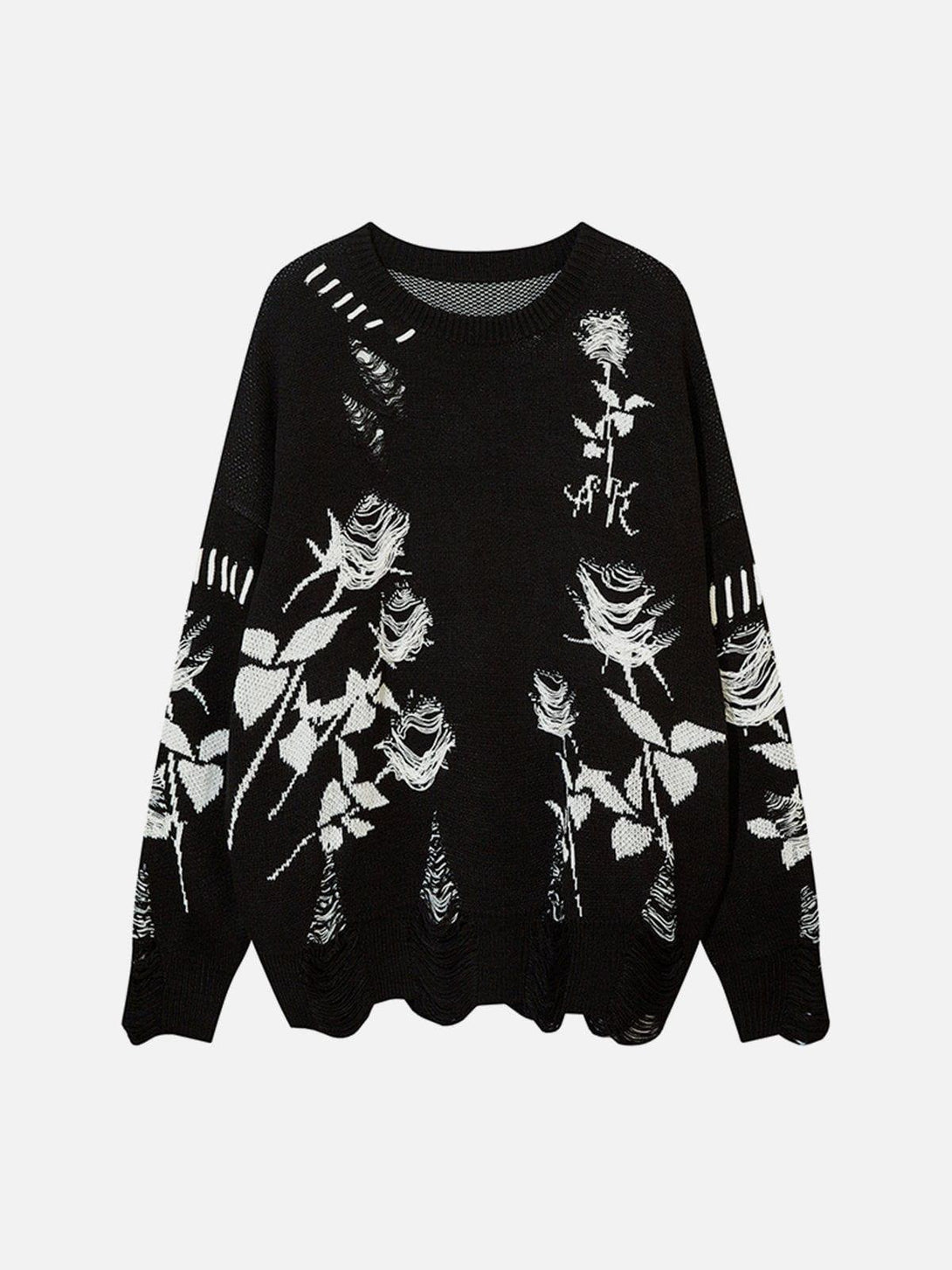 Front view of TALISHKO black sweater with raw edge rose pattern, perfect for streetwear style.
