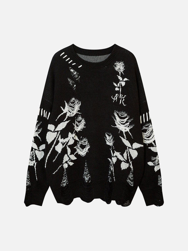 Front view of TALISHKO black sweater with raw edge rose pattern, perfect for streetwear style.