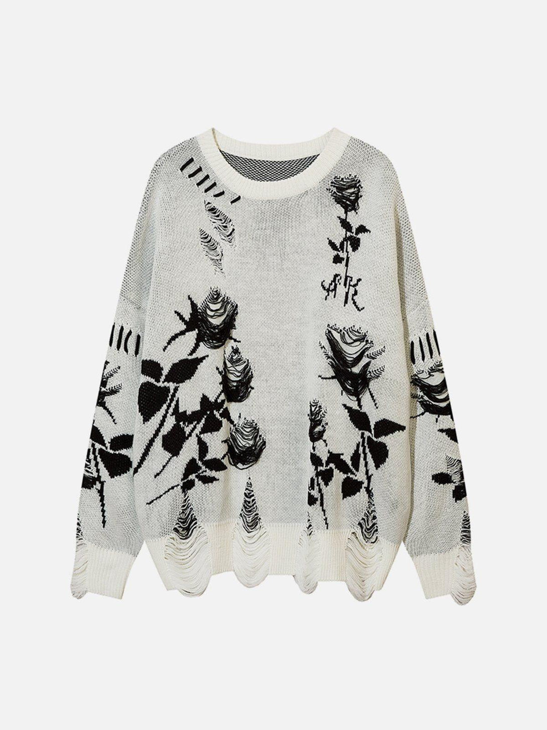Front view of TALISHKO sweater, showcasing a black and white rose pattern with raw edges.