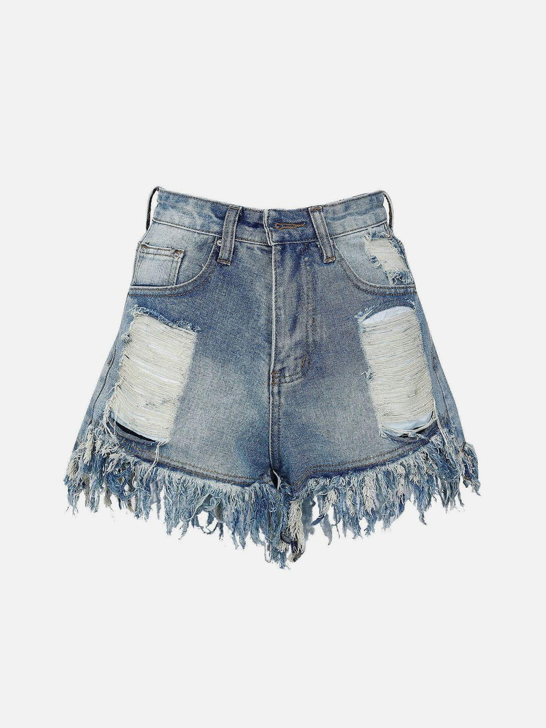 Front view of blue raw ripped denim shorts with frayed hem by TALISHKO, showcasing casual flair.