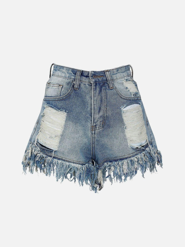 Front view of blue raw ripped denim shorts with frayed hem by TALISHKO, showcasing casual flair.